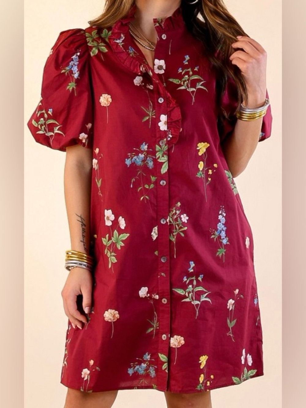 entro Red Floral Ruffle Button Mini Dress size medium